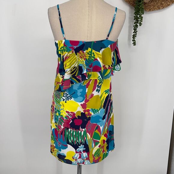J. Crew Tropical Print Asymmetrical Bright Mini Dress Ruffles Multi 2 - Picture 3 of 13
